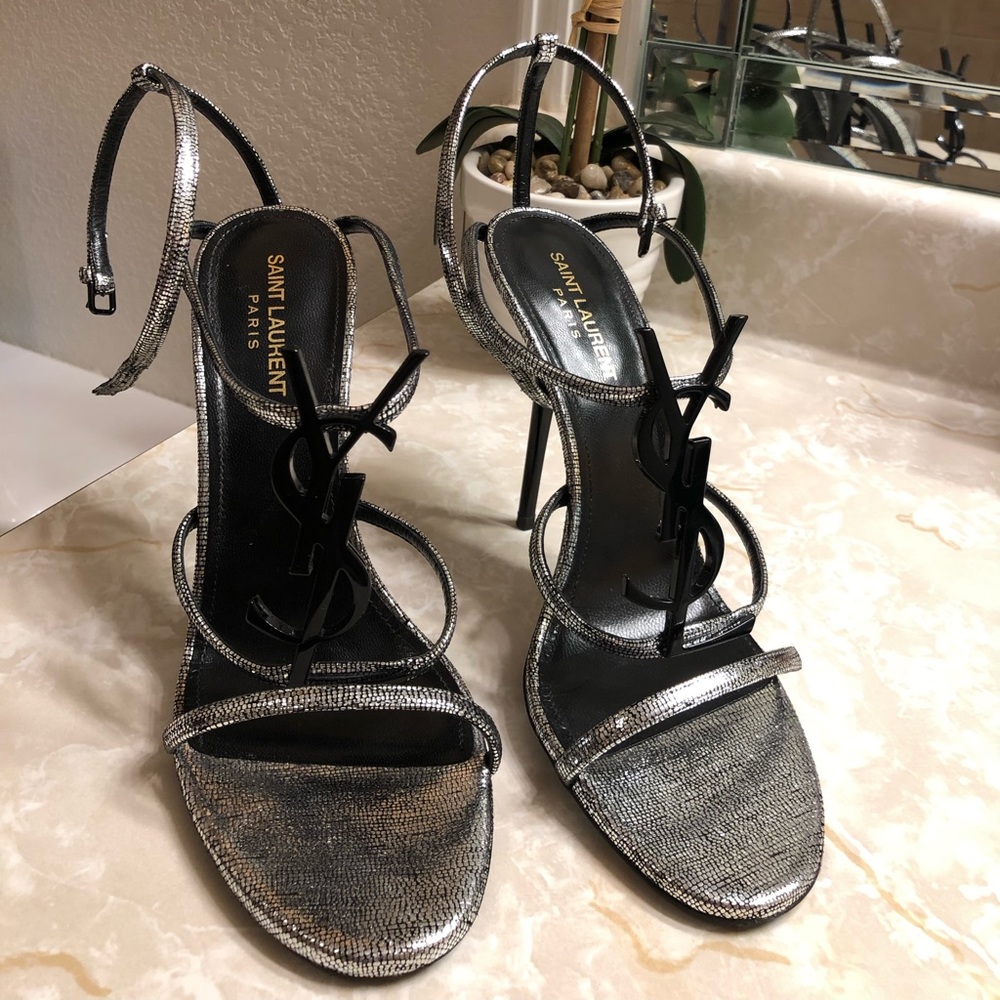 YSL Ankle strap silver metallic sandals